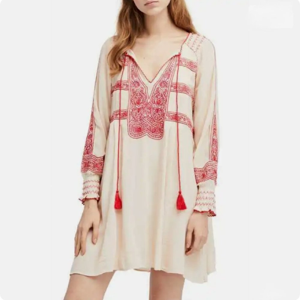 Free People Wind Willow Cream Peasant Tunic Shift Dress w Red Embroidery Boho